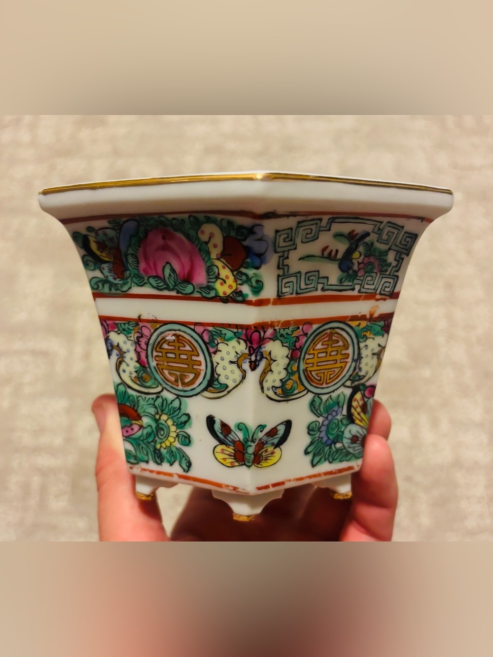 Vintage Hexagonal Famille Rose Porcelain Planter